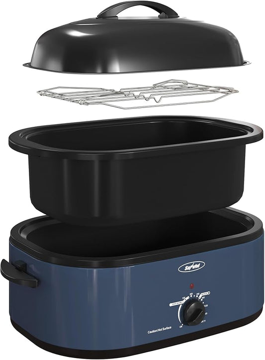 Sunvivi Electric Roaster, Roasting Oven with Self-Basting Lid Removable Pan, 20 Quart Turkey Roaster Oven with 150 to 450F Temperature Control Cool-Touch Handles, Blue