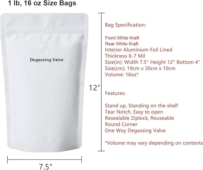 16oz Coffee Bags 100 Pieces - High Barrier White Kraft Paper Stand up Ziplock Pouches Bags with Valve & Zipper (100 Pcs, 16 Ounce/454-500 Gram/1 lb)