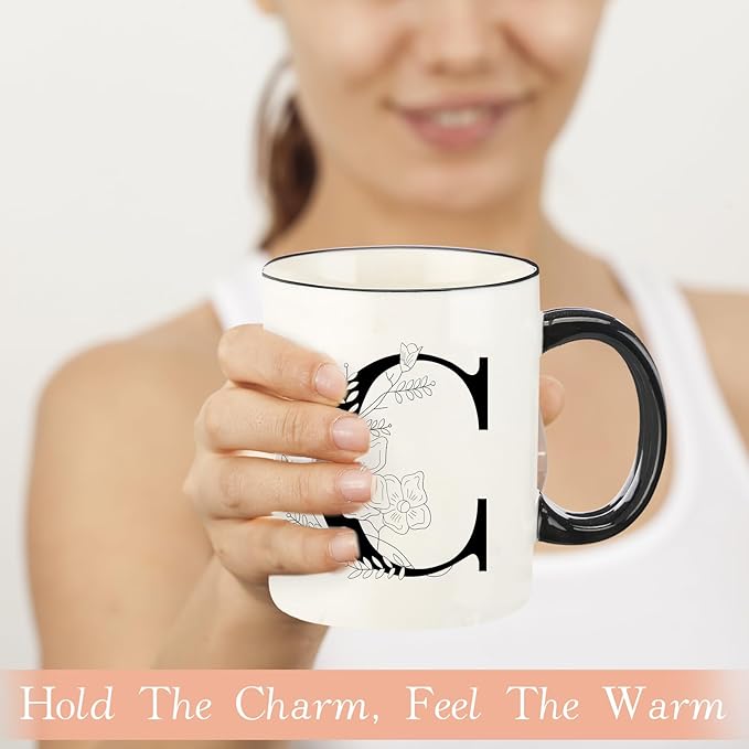 Monogram Ceramic Coffee Mugs, 11 oz Initial Drinking Cup with Gift Box, Unique Birthday Valentines Day Gifts for Women Wife Mothers Day Grandma Mom Aunt, C