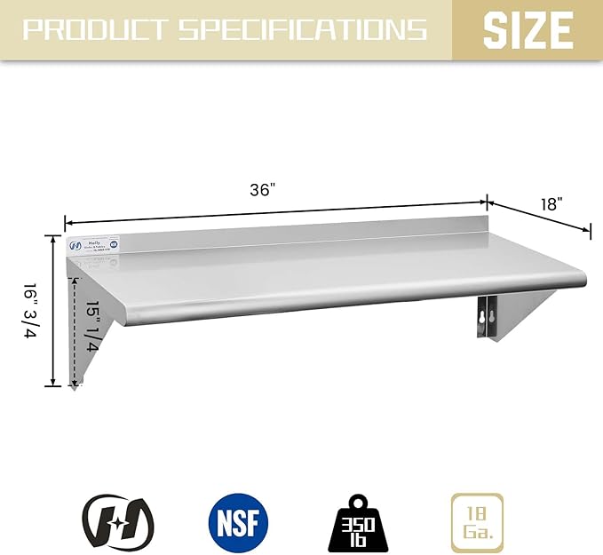 HALLY SINKS & TABLES H Stainless Steel Shelf 18 x 36 Inches, 350 lb, Commercial Wall Mount Floating Shelving for Restaurant, Kitchen, Home and Hotel
