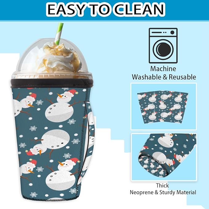 Snowman Reusable Insulator Coffee Sleeves for Drinks Beverages, Cute Snowman Christmas Neoprene Holder with Handle for Most Coffee or Ice Drink, 30-32oz