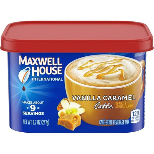 Maxwell House International Vanilla Caramel Latte Mix 8.7 Oz + Instant French Vanilla Cafe 8.4 Oz (Variety Pack)