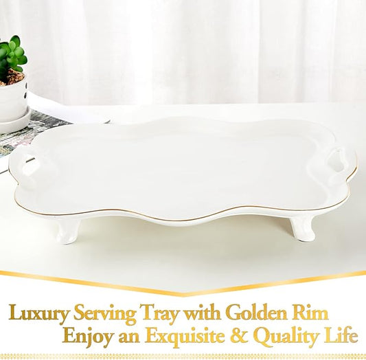 DUJUST Porcelain Serving Tray with Handles, Luxury British Style Coffee Table Tray with Golden Rim, Beautiful Tea Tray Decor for Living Room, Easy to Use & Clean