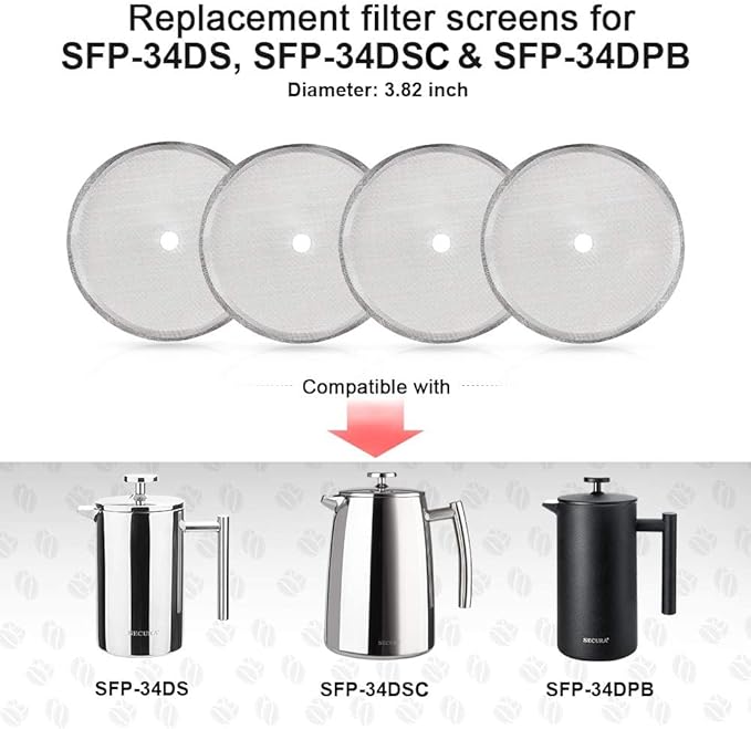 Secura French Press Replacement Screens, Stainless Steel Reusable Mesh Filter for 34 Ounce, 1 Liter, 8 Cup Coffee Press, 4 Pack