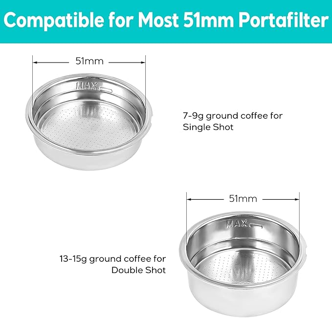 CASABREWS 51mm Stainless Steel Portafilter Set, 3 Ears Espresso Filter Holder with Double Spouts & 51mm Filter Baskets, Compatible for CASABREWS 3700 Essential and CM5418 Coffee Machine