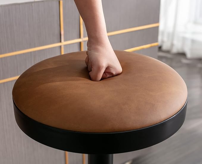 Round Swivel Counter Height Bar Stools Set of 2 Modern Adjustable Barstools Backless PU Leather Bar Chairs Industrial Island Chairs with Metal Base/Footrest for Kitchen Island/Pub/Bar, Brown
