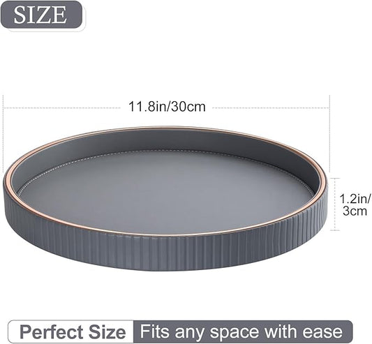 GORESE 12" Round PU Leather Decorative Tray – Coffee Table, Dresser & Entryway Organizer Tray, Gray