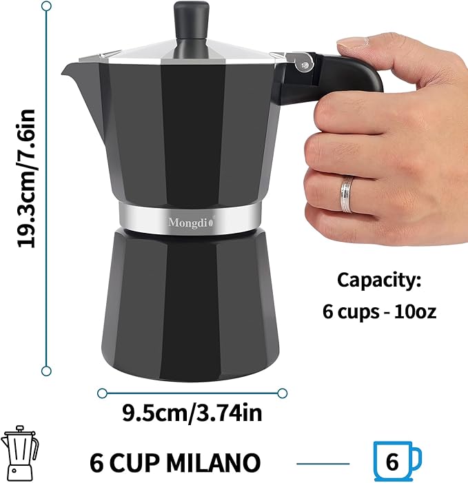Mongdio Stovetop Espresso Maker Moka Pot, Stove Top Cuban Coffee Maker, Italian Greca Mocha Pot, 6 Espresso Cups, 10 oz - Black