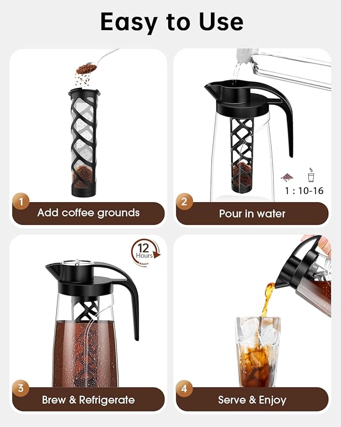 YURICK Cold Brew Coffee Maker, 70 oz (2100 ml) BPA Free Tritan Pitcher, Iced Coffee Maker and Tea Brewer, 100% Leak-Proof, Easy to Clean Reusable Mesh Filter, Black (2 Pack)