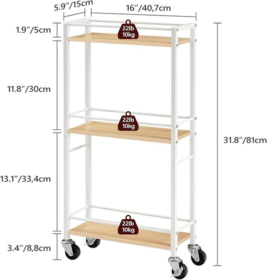 Slim Rolling Cart, Mobile Kitchen Cart on Wheels, Narrow Storage Cart for Small Space, Wooden Kitchen Storage Rack, for Bathroom, Laundry, Living Room, White RCBN1501