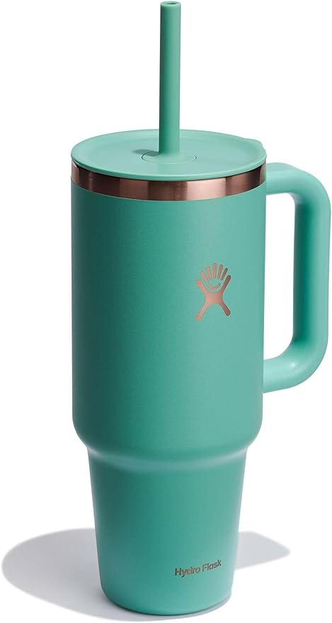 Hydro Flask Travel Tumbler with Handle, Lid and Straw - Insulated Stainless Steel in 40 Oz Thyme Green Rose Gold