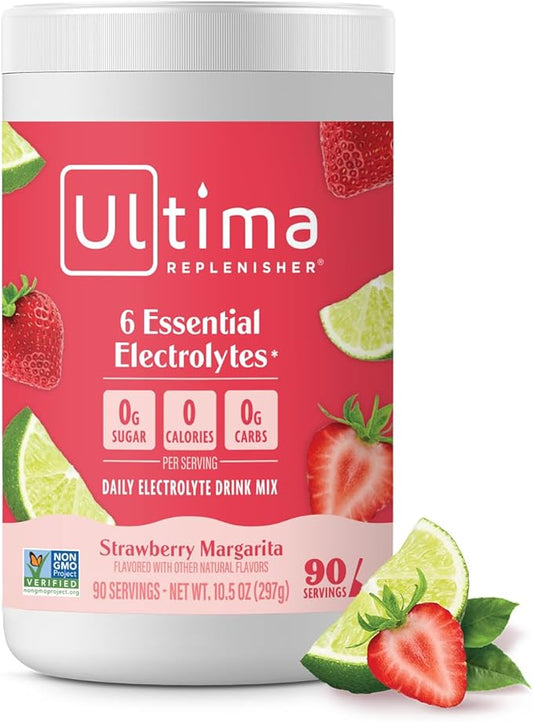 Ultima Replenisher Daily Electrolyte Powder Drink Mix – Sugar Free – Strawberry Margarita, 90 Servings – Hydration Powder with 6 Key Electrolytes and Trace Minerals – Keto Friendly, Non-GMO
