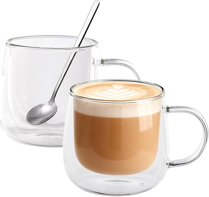 Double Wall Insulated Latte Glasses 10oz with Handle - Set of 2, Clear Glass Mugs for Cappuccino, Espresso, Tea & Hot Drinks
