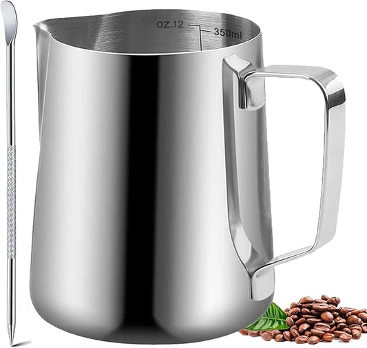 Milk Frother Cup, 12oz (350ml) Milk Frothing Pitcher Metal 304 Stainless Steel Steamer Cup, Coffee Milk Cappuccino Latte Art Barista Steaming Pitcher Espresso Jug with Decorating Pen
