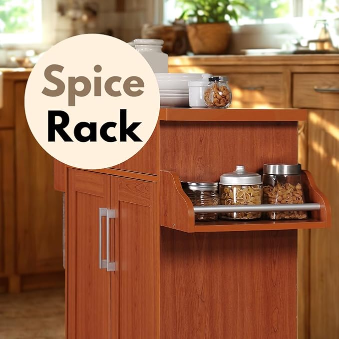 Hodedah Rolling Wood Kitchen Island Cart with Spice Rack, Towel Rack, Utensil Drawer plus Cabinet, White with Beech Top