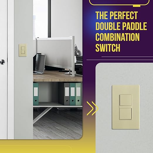 ENERLITES Double Paddle Rocker Decorator Switch, Gloss Finish, Ground Terminal, Clamp-Type Wiring, Copper Wires Only, Single Pole, Residential/Commercial Grade, 15A 120-277VAC, 62834-I, Ivory