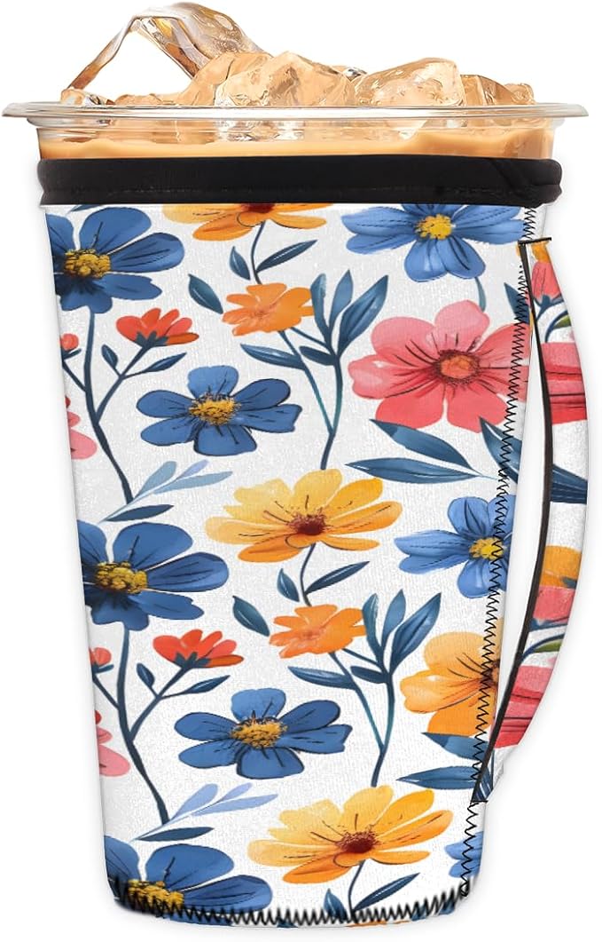 Reusable Iced Coffee Cup Sleeve Colorful Flowers Neoprene Insulated Sleeves Cup Holder with handle Idea for 30oz - 32oz