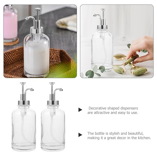 MUSISALY 2pcs Glass Syrup Pump Dispenser Bottles with Silver Pump Glass Coffee Syrup Pourer for Kitchen and Coffee Bar Multipurpose Condiment Dispensers Jam Honey