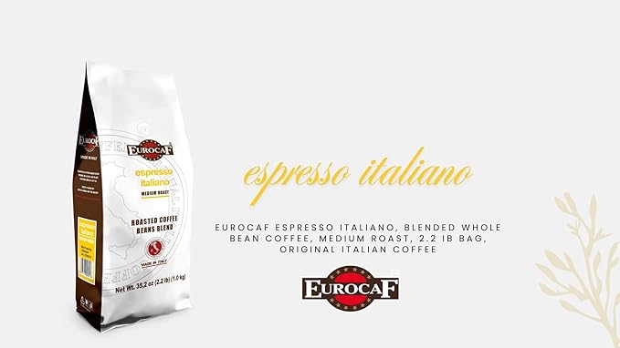 Eurocaf Espresso Italiano, Blended Whole Bean Coffee, Medium Roast, 2.2 Ib bag, Original Italian Coffee (Pack of 1)