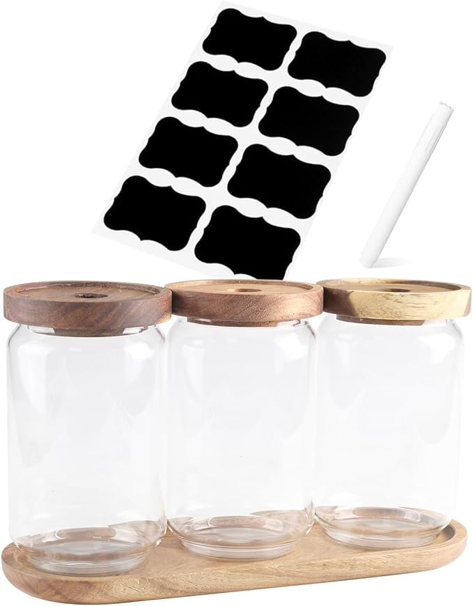 Glass Food Storage Containers with Lids, Airtight Kitchen Canister Set of 3, Pantry Organizers and Storage for Tea,Coffee,Sugar,Beans,Espresso,Rice,Flour, Cereal,Scoop,Bar Accessories,Gifts