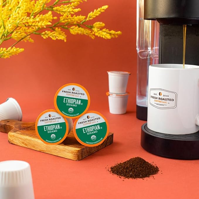 Fresh Roasted Coffee, Organic Ethiopian Sidamo |USDA Organic, 100% Single Origin, Kosher | Light Roast 24 Pods for K Cup Brewers