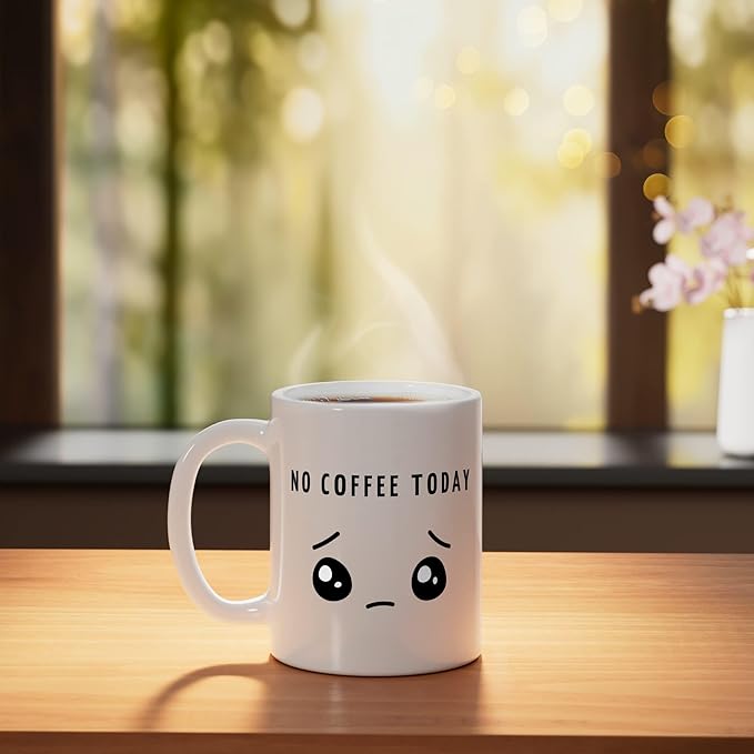 No Coffee Today - Minimalist Sad Face Caffeine Lover Ceramic Mug, White