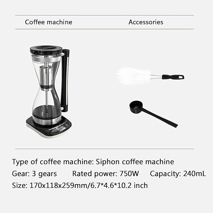 Syphon Vacuum Coffee Maker, Glass Electric Siphon Pot, 3 Adjustable Gears, 30 Minute Keep Warm, 240ml Capacity, for Use at Home, Coffee Shops, Offices & Other Places