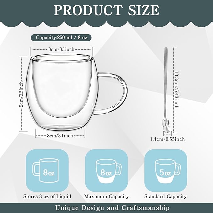 12 Pcs 8 oz Glass Coffee Mugs with Handle and Spoons Clear Insulated Tea Cups Set Espresso Coffee Mugs Borosilicate Double Glassware Cups for Latte Iced Hot Beverages