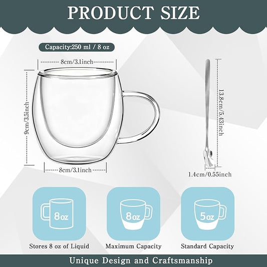 12 Pcs 8 oz Glass Coffee Mugs with Handle and Spoons Clear Insulated Tea Cups Set Espresso Coffee Mugs Borosilicate Double Glassware Cups for Latte Iced Hot Beverages