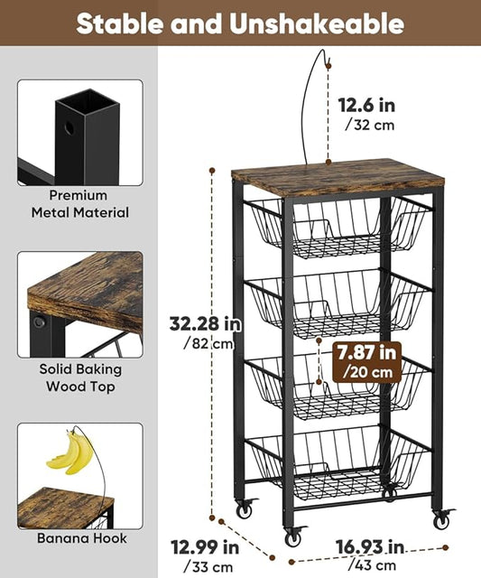 Fruit Vegetable Storage Cart for Kitchen, 5-Tier Vegetable Stand Rack with Pull-Out Fruit Baskets, Rolling Snack Cart with Wood Top & Banana Holder for Pantry, Living Room, Bathroom, Black