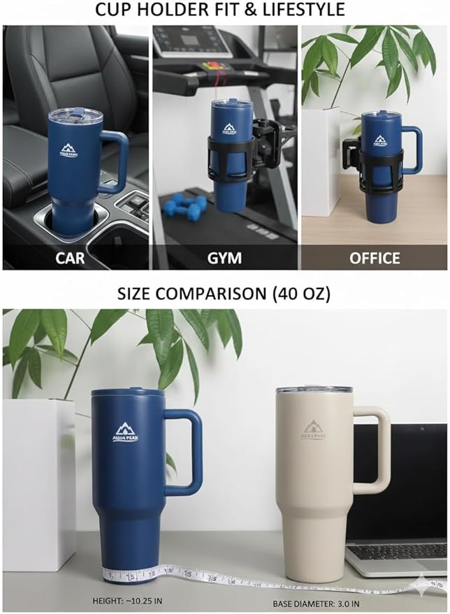 40 oz Insulated Stainless Steel Tumbler with Handle & Lid, Vacuum Travel Mug for Hot & Cold Drinks, Fits Car Cup Holder – Blue