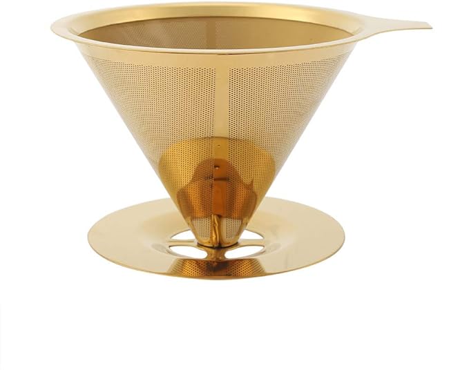 Pwshymi Stainless Steel Coffee Dripper, Gold Pour Over Coffee Filter with Double Mesh and Silicone Base, for Home Office Travel Camping