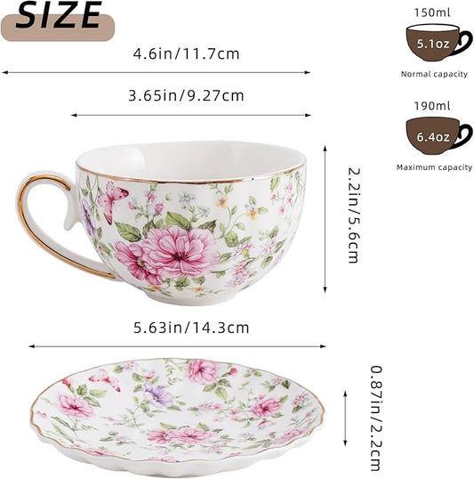 Tea Cup and Saucers, 6.4oz Floral Tea Cups with Gold Trim, Coffee Cappuccino Espresso Latte Mugs for Party Birthday,Christmas Gift (Pink and purple flowers)