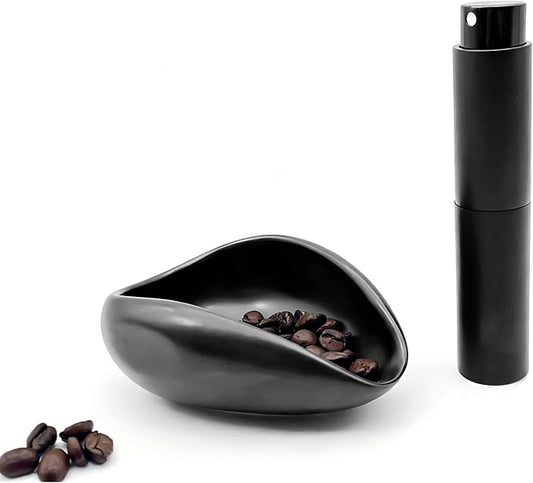 Coffee Bean Dosing Cup with RDT Spray Bottle Set, Ceramic Dosing Dish for Coffee Beans, Ceramic Single Dose Measuring Tray, Coffee Bar Accessories (Matte Black)
