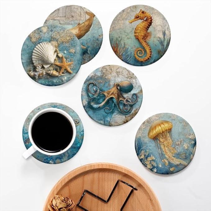 Absorbent Beach Coasters Set of 6 Retro Marine Creatures Coasters Cork Base Tabletop Protection,Home Coast Nautical Coasters for Bar Kitchen Decor Suitable for Wooden Table Coffee Tables,Desks