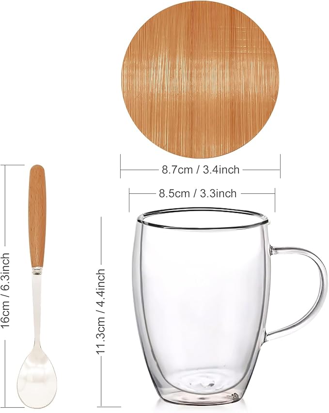 4 Pack Double Walled Glass Coffee Mugs with Bamboo Lid/Spoon, Insulated Coffee Cups with Handle, Cappuccino Latte Glasses Cup, Clear Glass Mugs for Hot Drinks Tea Milk Juice Ice Cream (350ml)