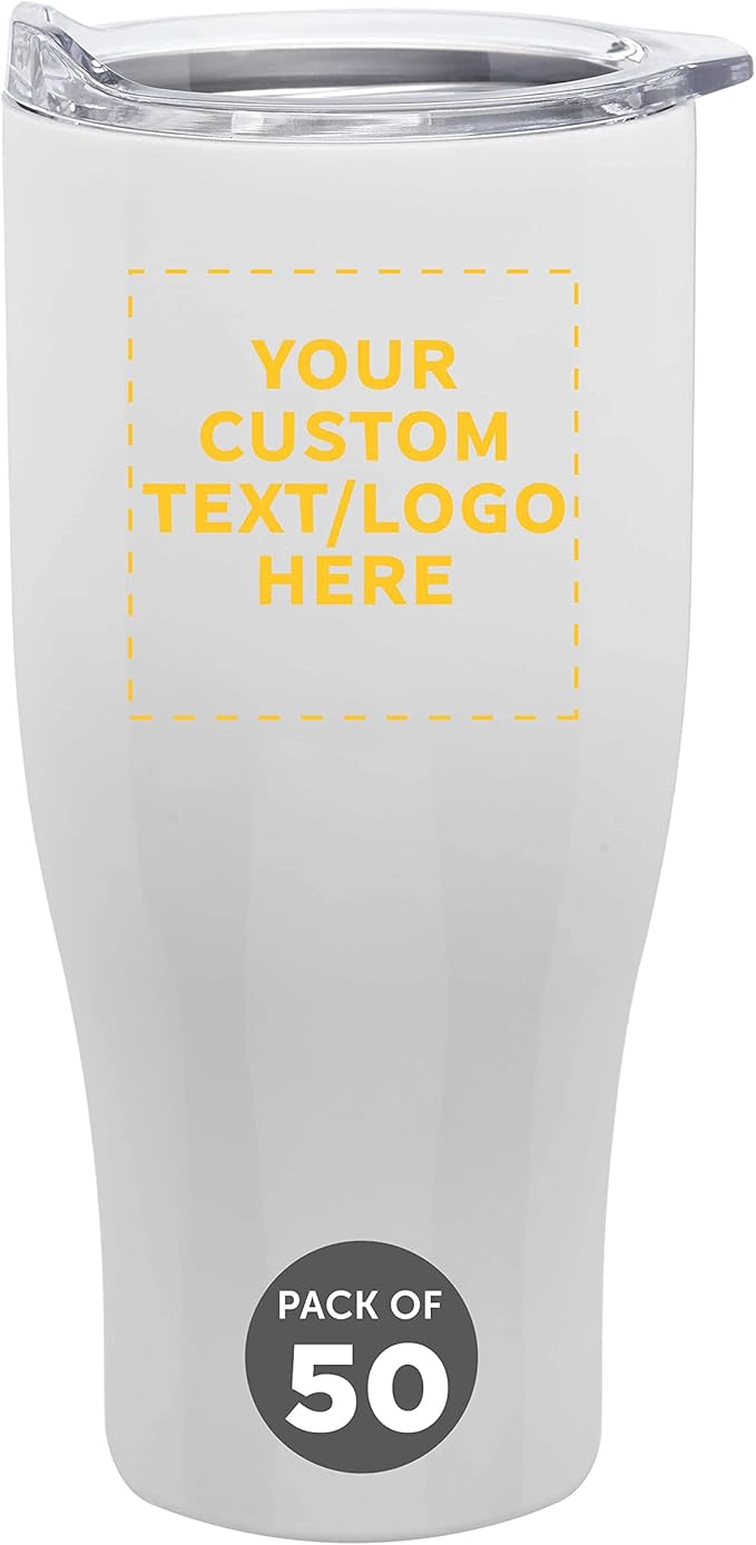 Custom Stainless Steel Grip Travel Mugs 27 oz. Set of 50, Personalized Bulk Pack - Perfect for Coffee, Soda, Other Hot & Cold Beverages - White