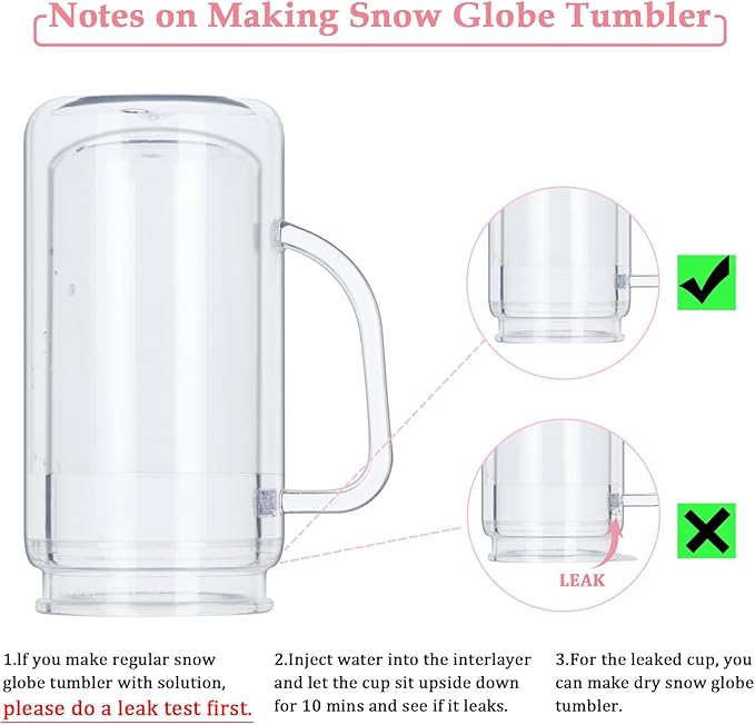8 Pack 16 Oz Snow Globe Tumbler with Handle, Acrylic Snow Globe Cups with Pre-drilled Hole and Plug, Double Wall Reusable Clear Plastic Travel Coffee Mug for Snowglobe Glitter DIY Gift (Clear)