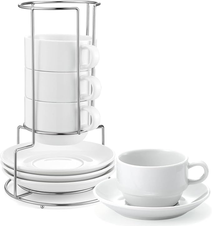 Yedio 4 oz Espresso Cups with Saucers and Metal Stand, Porcelain Stackable Coffee Cappuccino Cups Set of 4, White