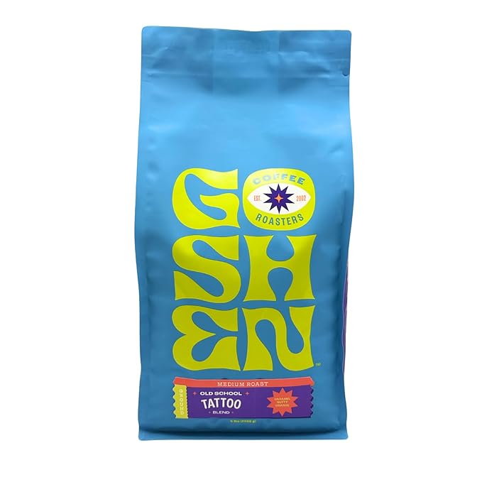 Goshen Coffee Roasters Ground Old School Tattoo House Blend | Medium Roast, Brewed or Espresso | Award-Winning, Natural and Washed | Caramel, Nutty, Orange Flavors | 5 lb Bag