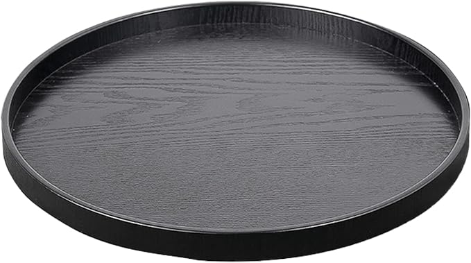 Round Solid Wood Serving Tray Extra Large Tea Coffee Snack Food Meals Serving Plate Non-Slip Kitchen Party Bar Server Ottoman Tray Breakfast Tray with Raised Edges (15.7inch/40cm) Black