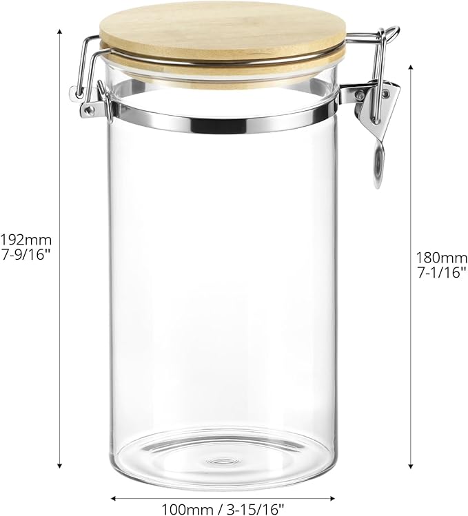QWORK Clear Borosilicate Glass Storage Jar with Airtight Bamboo Lid & Locking Clamp, 40oz / 1200ml Kitchen Canister for Coffee Beans, Loose Tea, Sugar, Flour, Nuts, Thickened Sealed Container