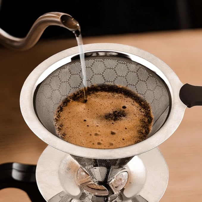 Pour Over Coffee Dripper, Double Mesh Coffee Filte-r Paperless Coffe-e Strainer Reusable Coffe-e Maker Dripper with Stand and Cleaning Brush(COLOR:Silver)