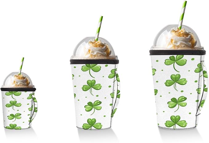 Luck Shamrock Clover Reusable Coffee Sleeves Iced Coffee Cozy Insulator, St Patricks Day Neoprene Holder with Handle for Cold Coffee or Ice Drink, Small 16-18oz