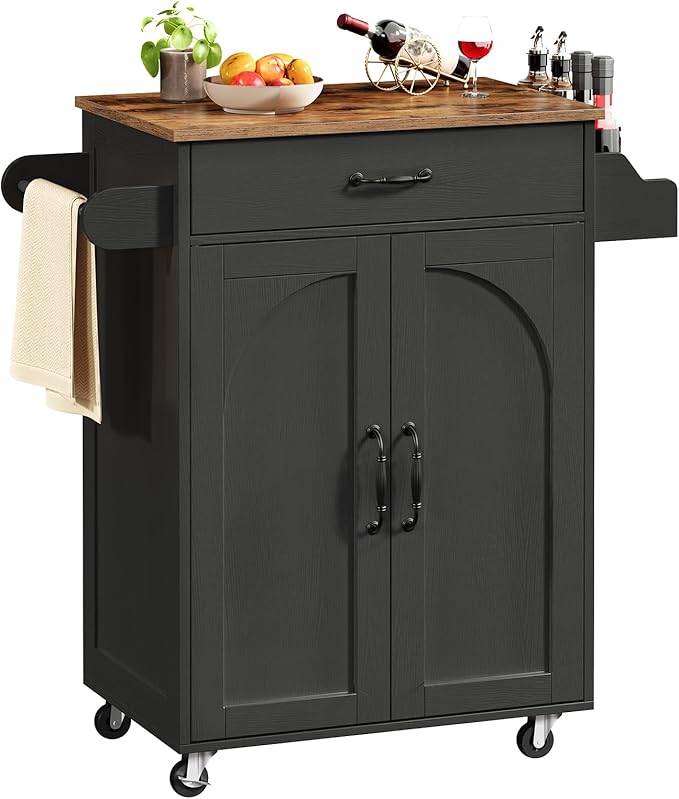 Kitchen Island Cart, Small Kitchen Island with Storage Cabinet and Drawer, Rolling Kitchen Cart on Wheels with Spice Rack and Towel Rack, for Kitchen, Dining Room, Black and Rustic Brown