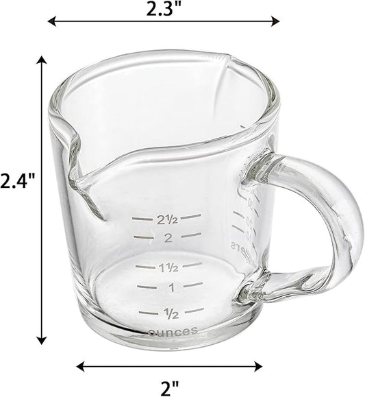 Hacaroa 4 Pack Double Spouts Measuring Cups Espresso Shot Glass with Handle, 2.5 Oz Mini Milk Triple Pitcher Barista Clear Graduated Cups for Coffee, Wine, Bar, Party