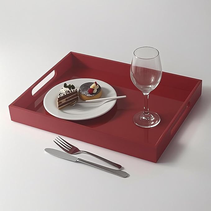 Sturdy 16" Acrylic Serving Tray with Handles - Ottoman Coffee Table Organizer for Food, Tea, Snacks, Vanity & Kitchen Countertop - Multi-Use for Bathroom, Living Room, Bar Parties (red)