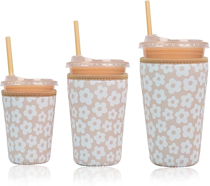 Reusable Insulated Neoprene Iced Coffee Cup Sleeve, Durable Drink Sleeve for Cold Beverages, Beverage Holder for Iced Coffee, Creamy Florals
