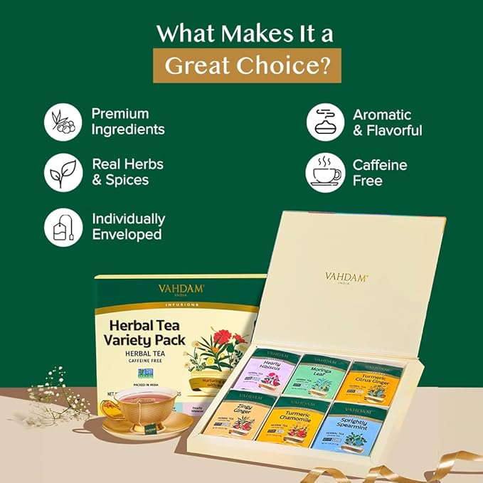 VAHDAM, Assorted Herbal Tea Gift Set (36 Tea Bags, 6 Flavors) Caffeine-Free, Non-GMO | Double Infusion, Individually Enveloped Tea Bags | Herbal Tea variety Pack | Valentines Day Gifts for Him & Her