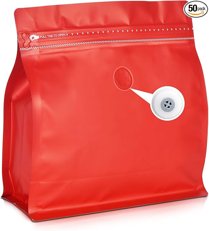 50 Count 16oz Coffee Bags with Valve,1lb Vented Coffee Beans Packaging Bags High Barrier Aluminumed Foil Flat Bottom Heat Sealed Side Zipper Resealable Storage Bag for Home or Business(Red）